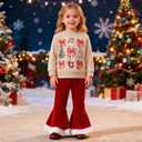Toddler Girl Christmas Outfit Santa/Christmas Tree Sweatshirt+Velvet Bell-Bottoms Clothes (12-18 Months, Bow-red)