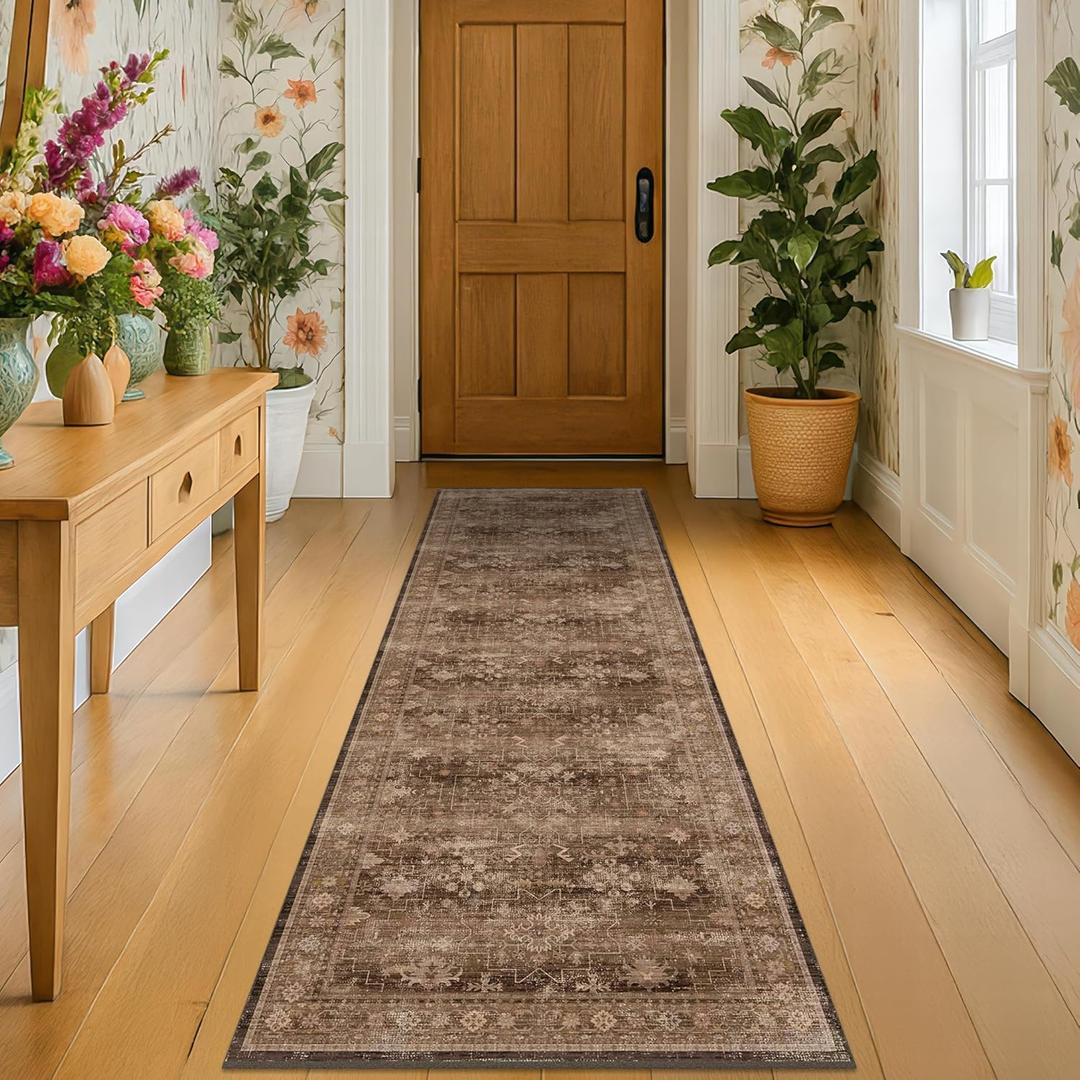 Brown Boho Washable 2x6 Runner Rugs for Hallway Kitchen Bedroom Beside Laundry Room Bathroom Rug, Pet & Kids Friendly, Non Slip Low Pile Stain Resistant Soft Faux Wool Long 24 x 72 Floor Carpet