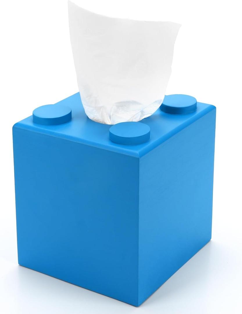 CypherX Wood Tissue Box Cover, Tissue Box Cover Square, Building Blocks Tissue Box Holder with Slide-Out Bottom, Cute Home Decor for Bathroom Living Room Office Kitchen (Blue, Small)