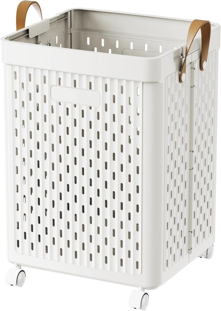 UAK Laundry Basket with Wheels, Collapsible Plastic Laundry Hamper with Handle, Foldable Laundry Basket Organizer for Laundry and Bathroom (Pure white, XXL)