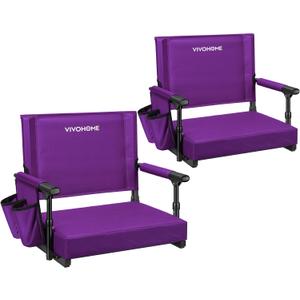 VIVOHOME Stadium Seats with Back Support and Cushion, 2 Pack Portable Bleacher Chairs with Cup Holder and Shoulder Strap (Purple)