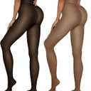 Vertvie 2 Pairs Fleece Lined Tights Women Crotch One Seam Line Warm Sheer Pantyhose Fake Translucent Thermal Thick Leggings (Large-X-Large, Black Sheer-skin + Coffee Sheer-skin)
