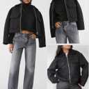hathne Women's Wool Coat Casual Copped Bomber Jacket Zip Up Fall Shacket Coat Outerwear with Pockets (Black, M)