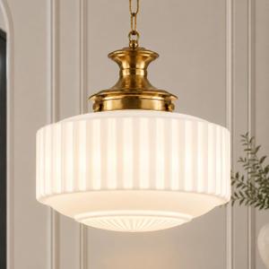 Vintage Pendant Light Fixture for Kitchen Island, Antique Brass Hanging Light with 13.8" Ribbed Milk White Glass Shade, Adjustable Chain Pendant Lighting for Dining Room, Entryway, Foyer, E26 Base