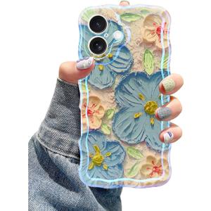 Jusy Case for iPhone 17, Colorful Retro Oil Painting Printed Flower Laser Blue Glossy Pattern Cute Curly Wave Phone Case Soft TPU Cover for Girly Women -Blue