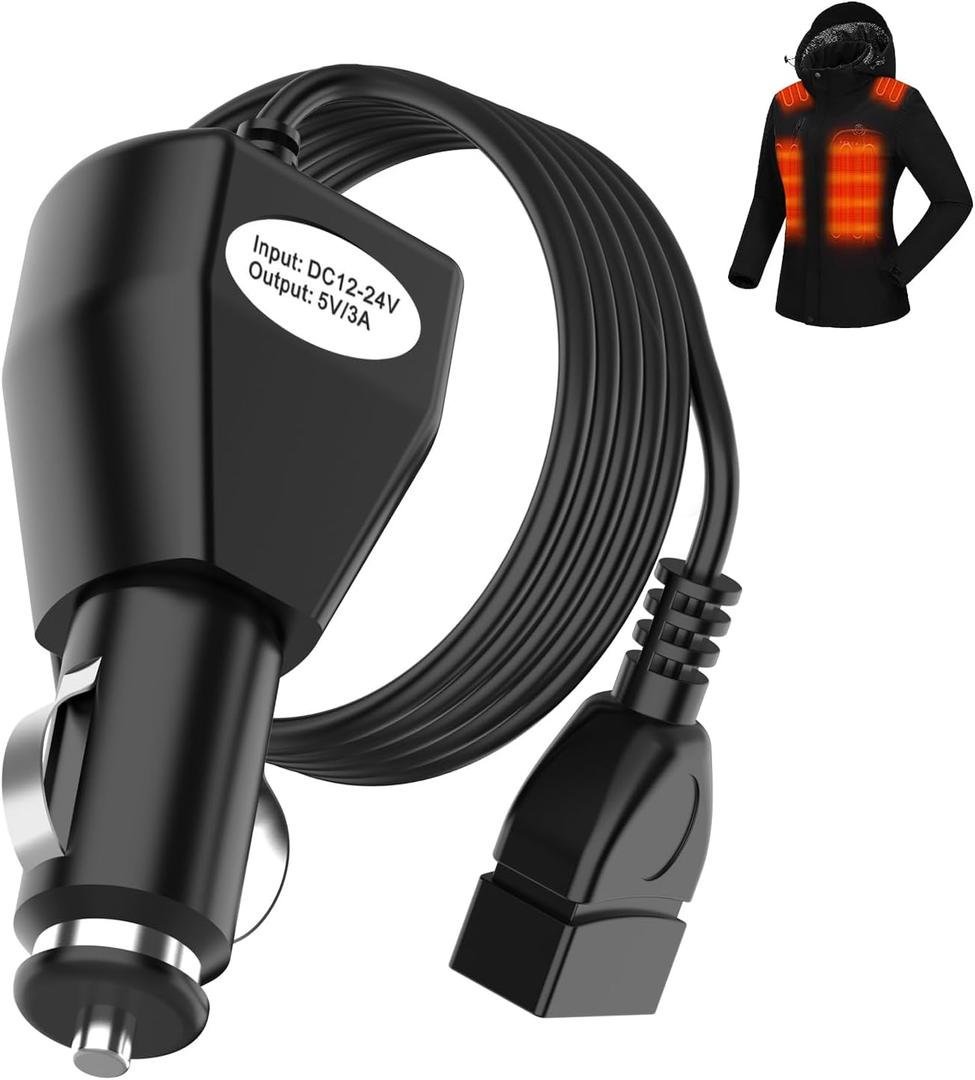 5V 2A/3A Heated Vest Jacket Wire Cigarette Lighter Cord Connection Cables Plug with 12 Volt Male Cigar Plug for Heated Apparel, Link Outdoor Mobile Power and Allowing for Near Endless Warmth(4.92ft)