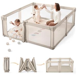 Sweeby Baby Playpen, 59x59 Inch Gate Foldable for Babies and Toddlers, Extra Large with Door Play Yard for Fence Indoor and Outdoor, Light Khaki