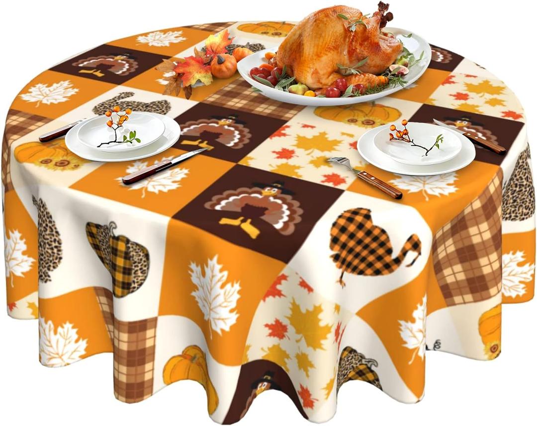 Thanksgiving Tablecloth, Fall Leaf Pumpkin Turkey Round Tablecloth 60 Inch, Autumn Buffalo Plaid Table Cloth for Rustic Farmhouse Kitchen Decor, Holiday Outdoor Wipeable Polyester Fabric Table Cover