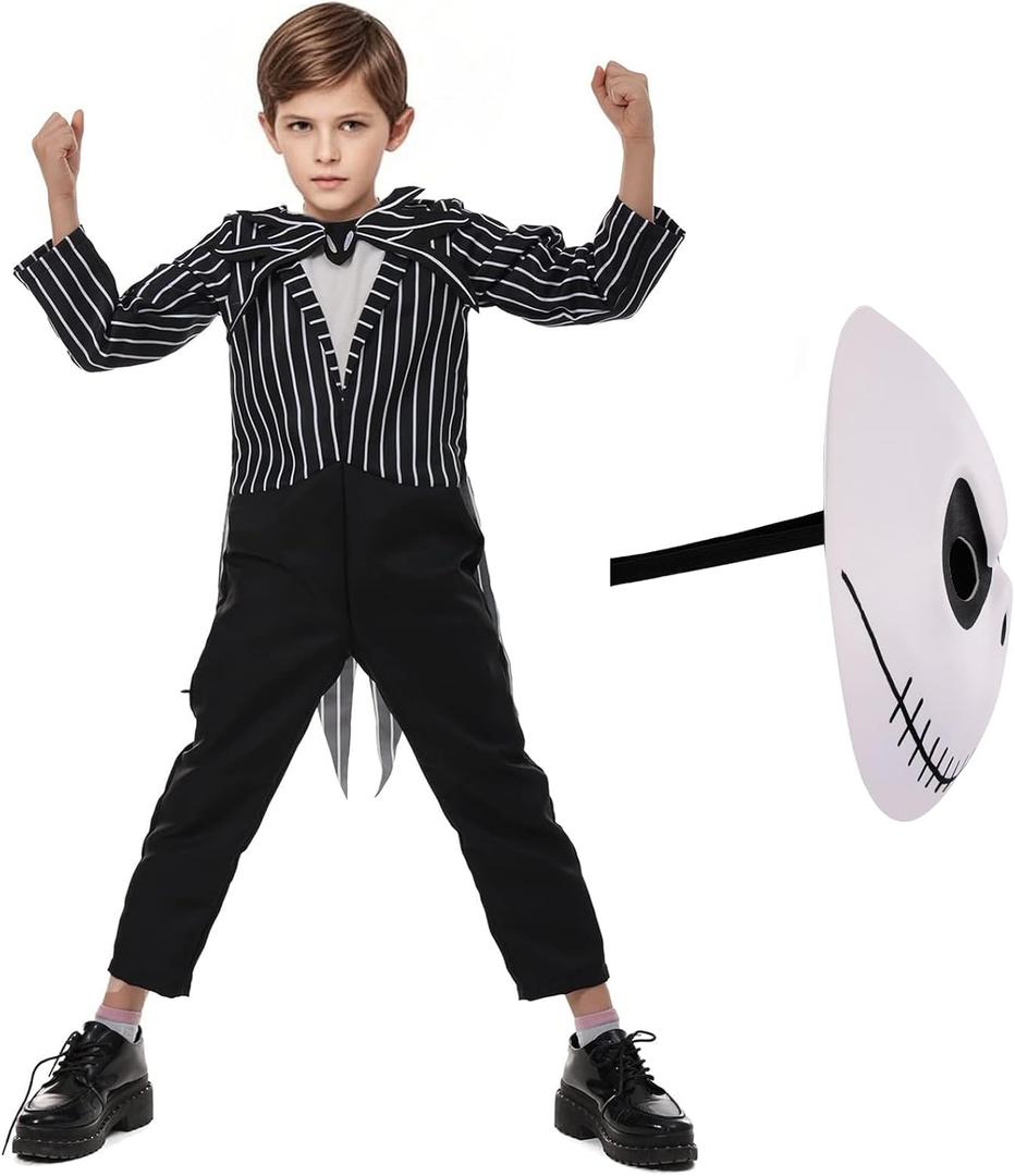 Skeleton Costume Kids Boys The Boy Jumpsuit and Mask Outfits Halloween Cosplay Props 3-12 Years (X-Large, Black)