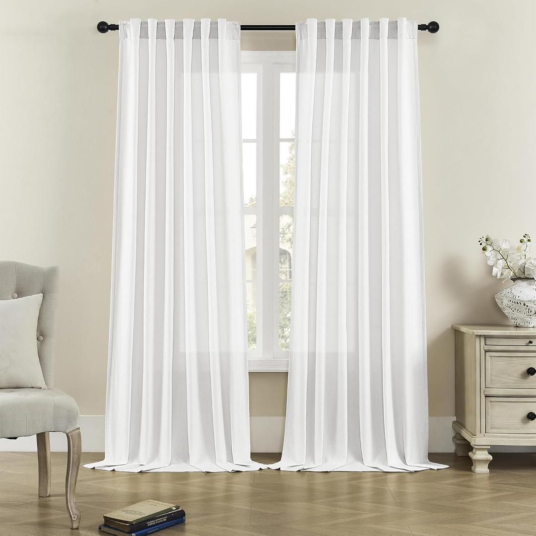 DONREN Semi Sheer Curtains 72 Inch Length for Living Room, Rod Pocket Back Tab Linen Curtains Light Filtering for Bedroom, 50" Width, White, 2 Panels