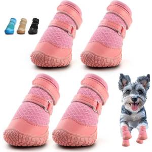 Dog Shoes for Small Dogs, Dog Boots & Paw Protectors for Hot Pavement Winter Snow Hiking, Anti-Slip Dog Booties for Hardwood Floor Pink Size 1