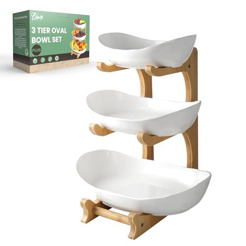 Seven Sparta 3 Tier Fruit Bowl for Kitchen Counter (PLUS Series) / Ceramic Serving Bowls with Bamboo Stand/Big Size Tiered Fruit Basket for Fruit Vegetable Storage, Dessert, Salad Buffet Server