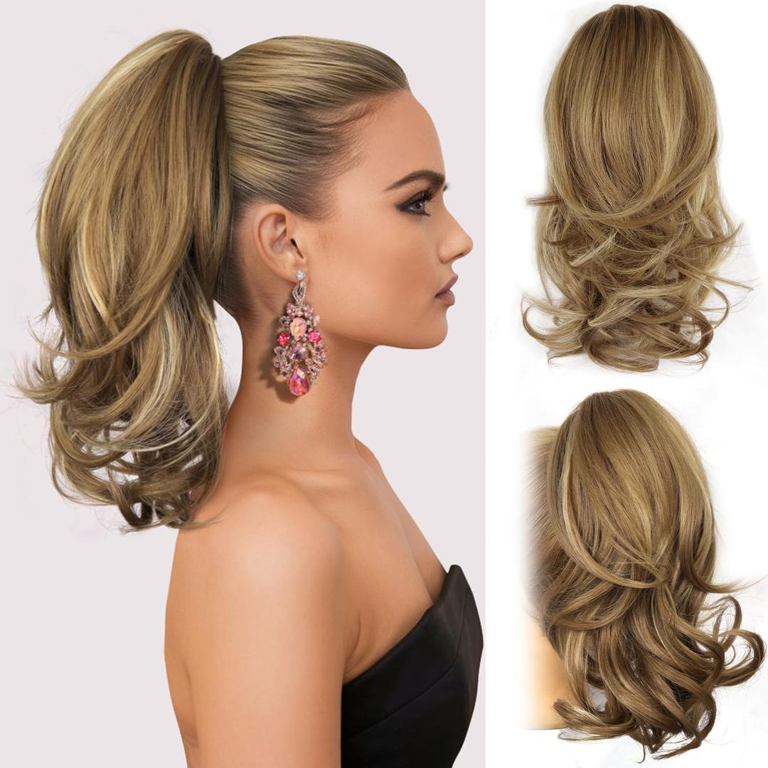 14 Inch Ponytail Extension - Wavy Pony Tails Hair Extensions, Claw Clip Ponytail Extension, Synthetic Hair Extensions Ponytail, Clip on Ponytails for Women (Light Brown With Beige Highlights)