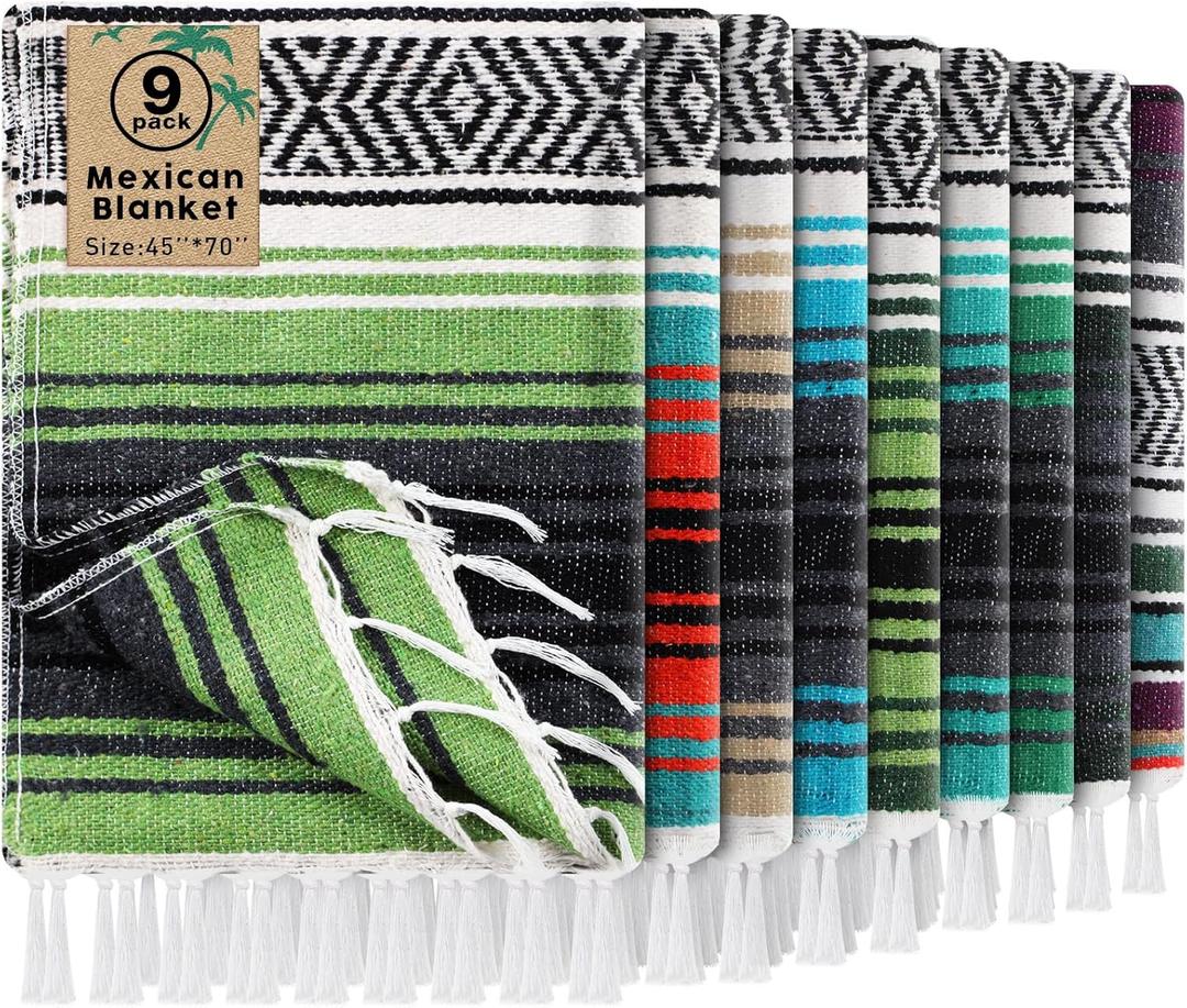 9 Pcs Mexican Blanket Bulk Large Yoga Blanket Striped Falsa with Fringed for Outdoor Beach Picnic Couch, 45 x 70 inch (Green Colors)