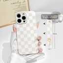 NITITOP Compatible with iPhone 15 Pro Case with Wrist Strap Kickstand Cute Trendy Checkerboard Plaid for Women Girls Slim Fit TPU Silicone Shockproof Full Camera Protective Cover - White