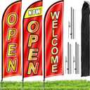 3 Sets Open Feather Flag Pole Kit, 9.2 Feet Tall Grand Opening Flag, Sign Advertising Flag Banner, Now Open Theme Feather Flags with Ground Stake and Portable Bag for Outside Ground