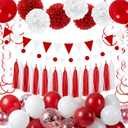Red and White Party Decorations with Paper Pom Poms, Honeycomb Balls, Tassel Garland, Banner, Balloons for Birthday, Baby Shower, Valentine’s, Graduation Party