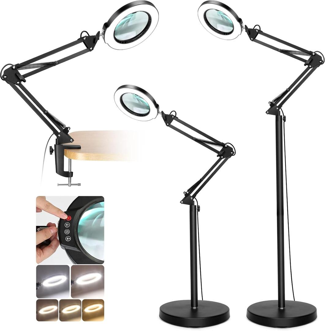 8X Magnifying Glass with Light and Stand, Krstlv LED 5 Color Modes, Stepless Dimmable Magnifying Floor Lamp, 3-in-1 Adjustable Swing Arm Lighted Magnifier Lamp with Clamp for Reading, Craft, Esthetic (Black)