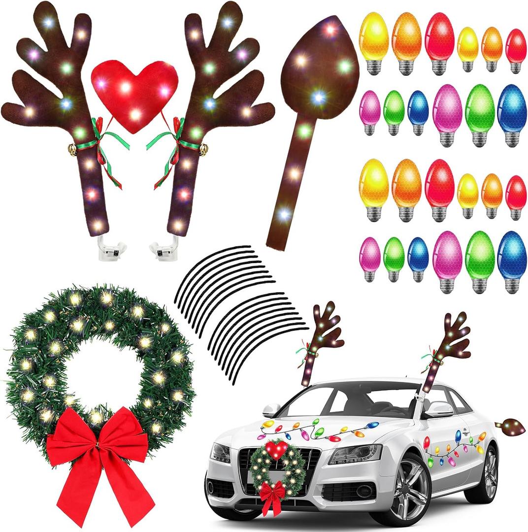 Cunno 6 Pack Christmas Reindeer Antlers Car Kit with LED Lights Christmas Car Decorations Light up Xmas Wreath Reflective Refrigerator Magnets Decals Auto Exterior Accessories