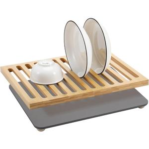 Chunful Stone Drying Mat for Kitchen Counter with Bamboo Rack, 16.7'' x 13'' Absorbent Diatomaceous Earth Dish Drying Rack Multi Purpose Mat with Non Slip Pads & Ball Legs Anti Moisture Design