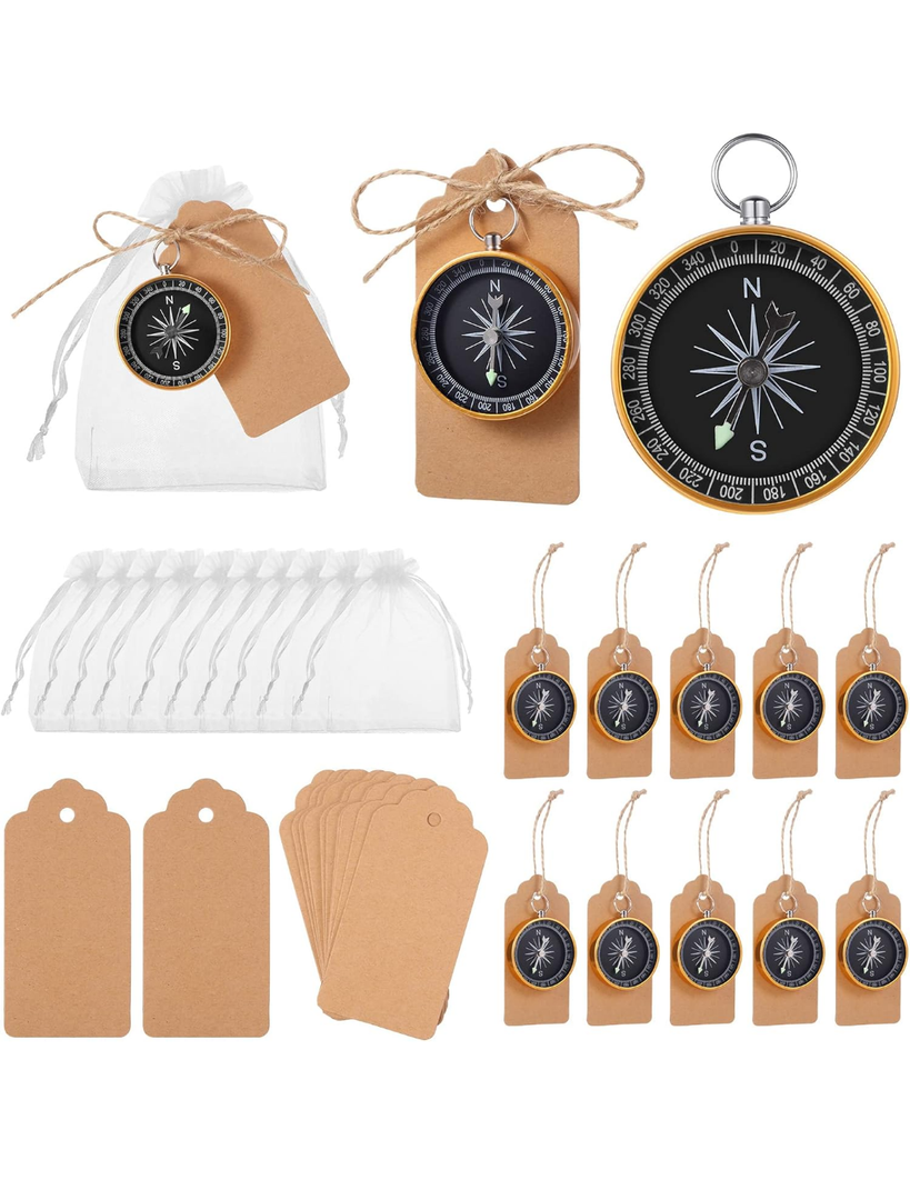 60 Pcs Compass Wedding Favors Set Mini Compass Souvenir Present Nautical with Kraft Tags and White Organza Bag for Guests Birthday Wedding Nautical Travel Party Souvenir Gift Favors (Gold)