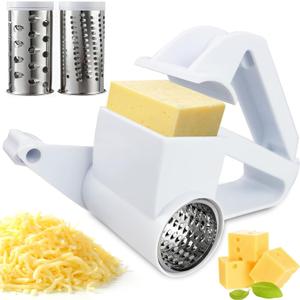 Rotary Cheese Grater, Handheld Cheese Grater with Fine & Coarse Drums for Cheese Nuts Chocolates and More, Stainless Steel & ABS, Dishwasher Safe, Includes Extra Handle