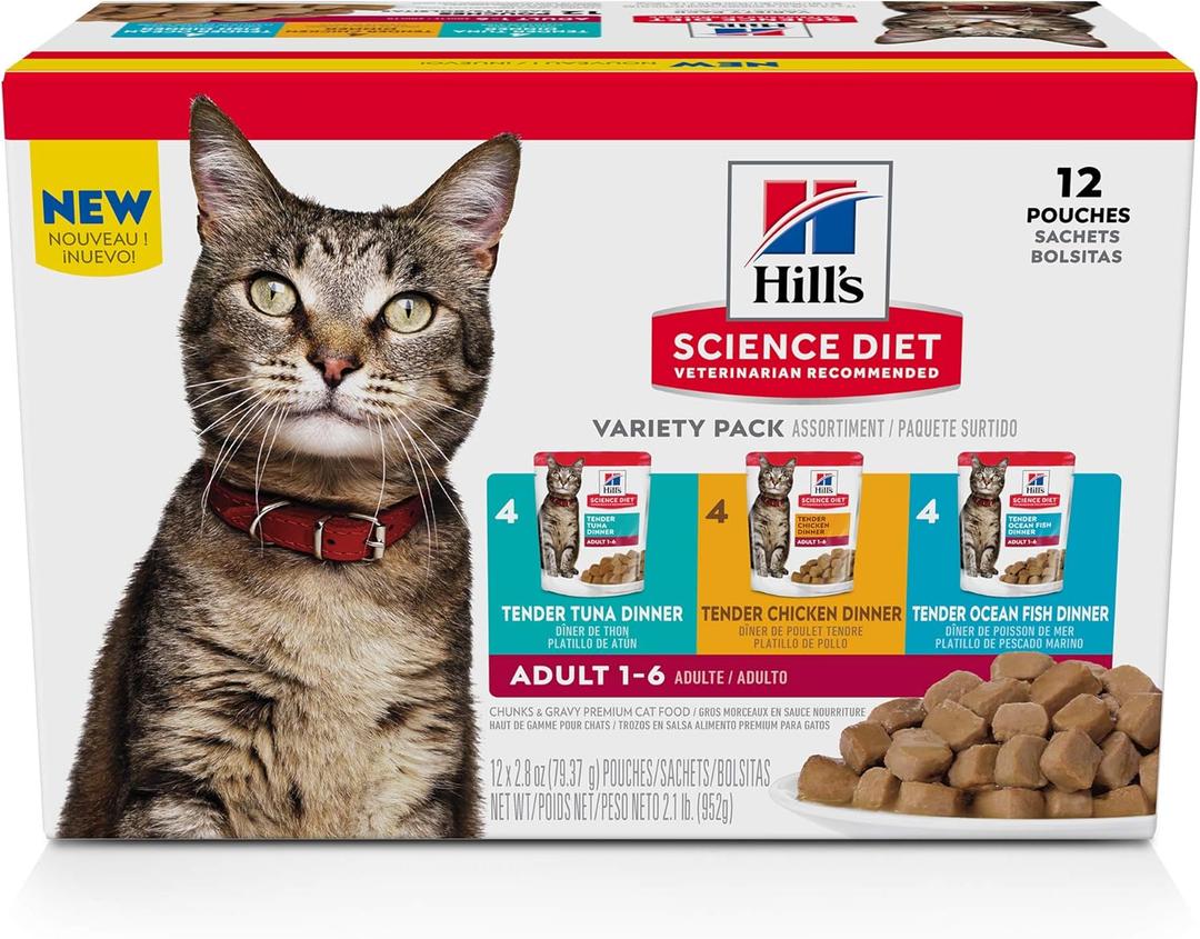 Hill's Science Diet Adult 1-6, Adult 1-6 Premium Nutrition, Wet Cat Food, Variety Pack: Tuna, Chicken, Ocean Fish Stew, 2.8 oz Pouch Variety Pack, Case of 12, Best Before JUL 30/2026