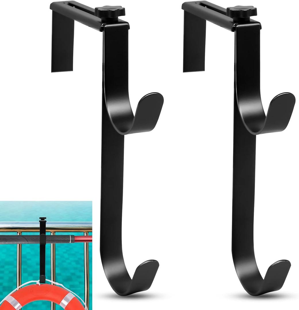 2Pcs Adjustable Pool Pole Hanger, Double Pool Hooks for Poles, Mental Pool Fence Hooks for Hanging Pool Equipment Hooks, Pool Pole Hooks for Pool Skimmer Pole Pool Hose, Wall Pool Tool Holder (Black)