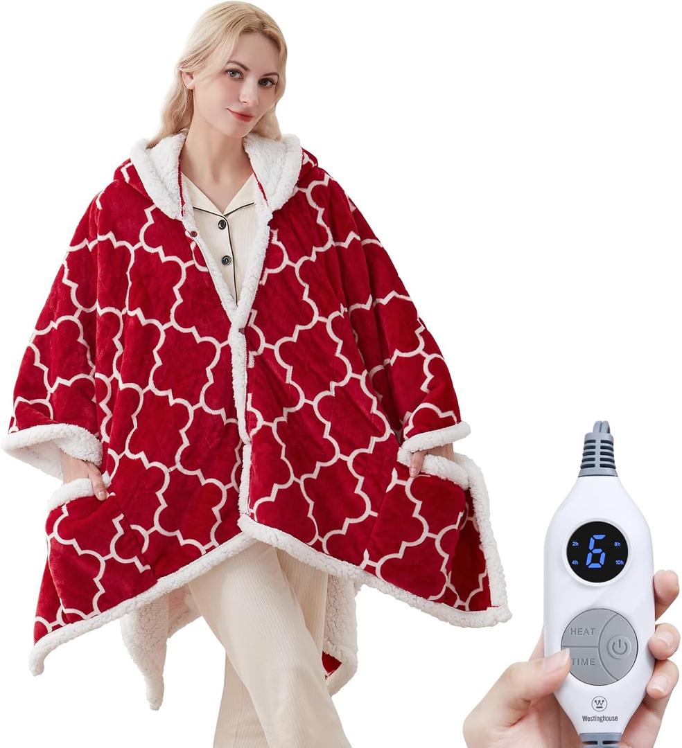 Westinghouse Heated Throw Blanket Wearable Shawl, Electric Wrap Poncho Blanket Hoodie with 6 Heating Levels & 2-10 Hours Time Settings, Winter Gifts for Mom Girlfriend Grandma, 50x60 Inch, Red (60*50" Heated Hoodie Blanket, Christmas Red&ivory)