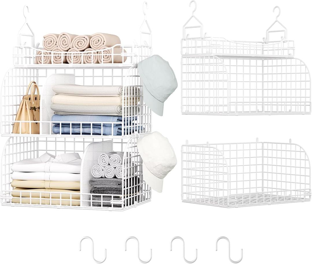 HapiRm Hanging Closet Organizer Storage - 3 Tier Metal Stackable Hanging Closet Shelves with Dividers and S Hooks, Foldable Clothes Shelves for Clothes, Pants, Shoes, Coat, Hats Clutches Accessories (White)