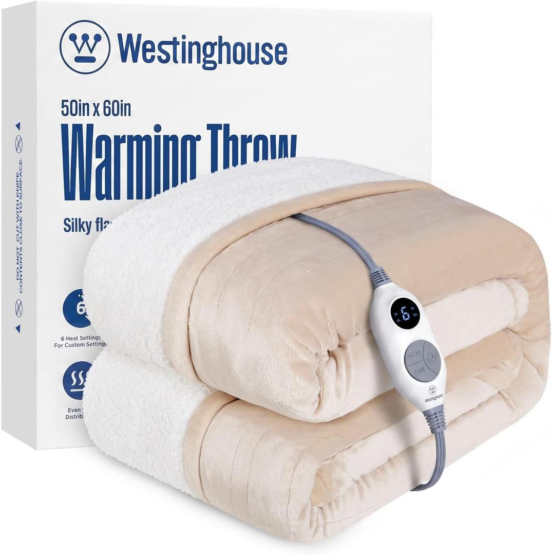 Westinghouse Heated Throw Blanket, Electric Blanket Throw with 6 Heating Levels and 2-10 Hours Time Settings, Flannel to Sherpa Super Cozy Heated Blanket Machine Washable, 50x60 inch, Beige