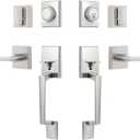 NeuType Front Door Handle Set Satin Nickel Double Door Handle Set with Dummy Heavy Duty Double Door Lock Set, with Single Cylinder Deadbolt and Lever Handle, Compatible with Right & Left Handed Doors