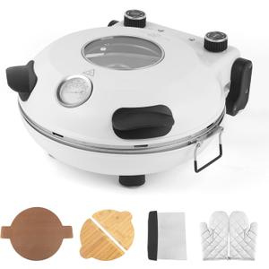 KLAIF 12" Electric Countertop Pizza Oven Indoor With Ceramic Stone, Dual Adjustable Temperature Controls, Includes 4 Pizza Tools, LMR-White