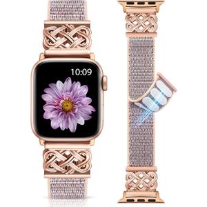 Minyee Nylon Loop Band Compatible with Apple Watch Bands 38/40/41/42mm(Series 11/10) Women Men, Celtic Knot Dressy Adjustable Breathable Braided Straps for iWatch Series (Pink Sand/Rose Gold)