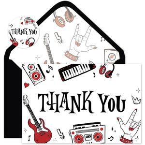 FYSUIMU 24 Pack Rock and Roll Thank You Cards Bulk Music Blank Note Cards with Envelopes Stickers Black Red Greeting Card for Birthday Baby Shower