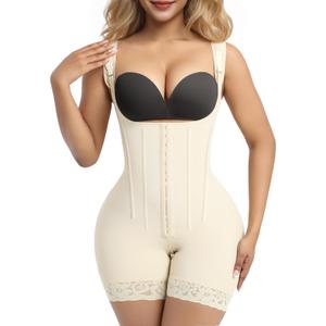 SHAPERX Shapewear for Women Tummy Control Body Shaper Butt Lifter Bodysuit Postpartum Girdles with Adjustable Straps (Small, Beige (Hooks))
