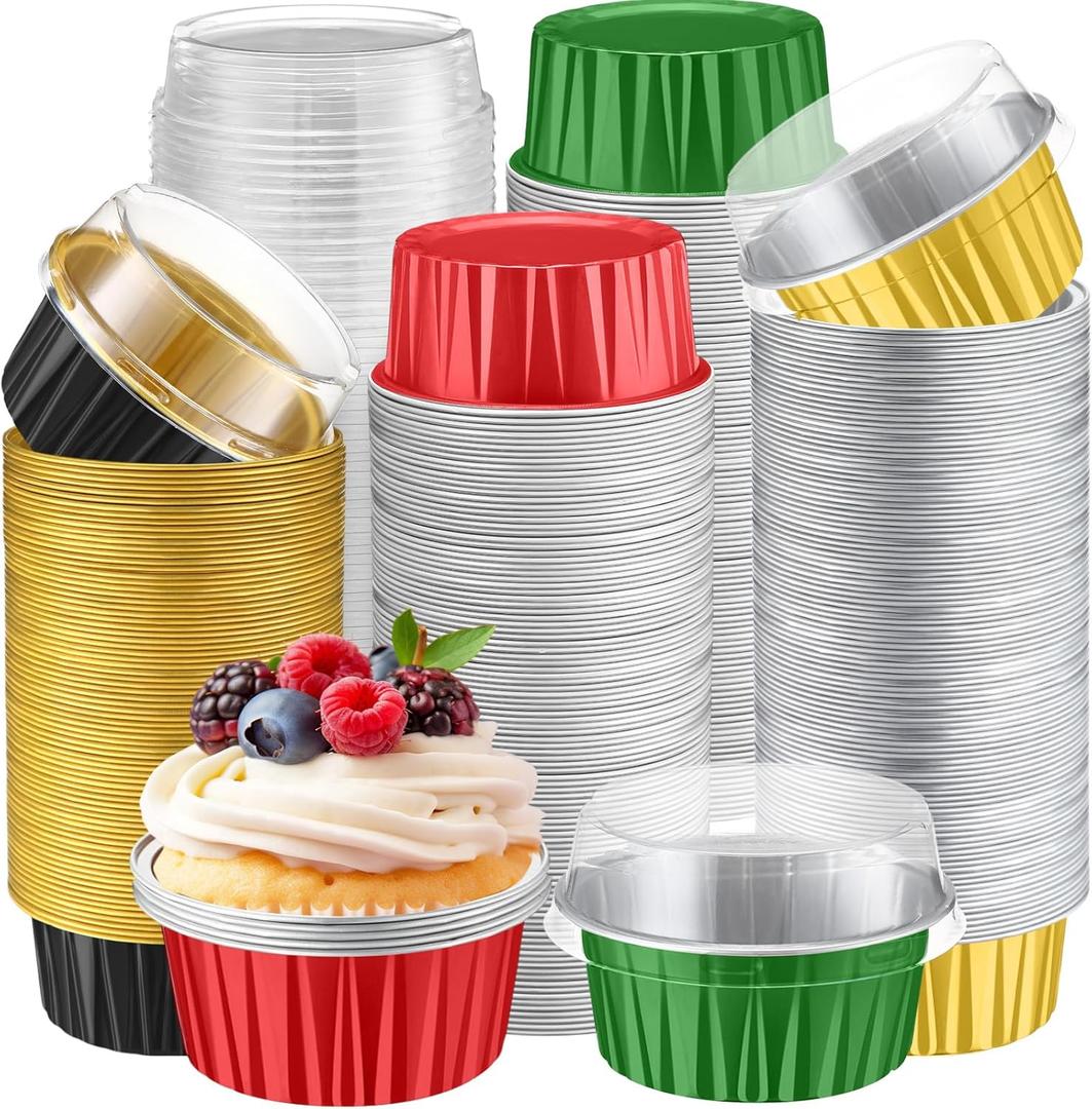 Gejoy 400 Pcs Aluminum Foil Baking Cups with Lids 5 oz Disposable Ramekins Mini Cake Pans Creme Brulee Cupcake Liners Muffin Tins Flan Mold Dessert Container for Wedding(Multicolor,Classic)