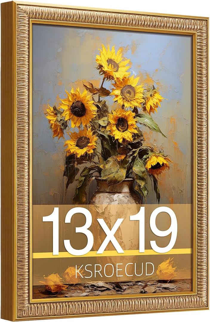 13x19 Picture Frame, HD Real Glass 13x19 Vintage Photo Frame, 13 by 19 Poster Frame with Gold Border Horizontal & Vertical Display for Tabletop or Wall Decor (1 Pack)
