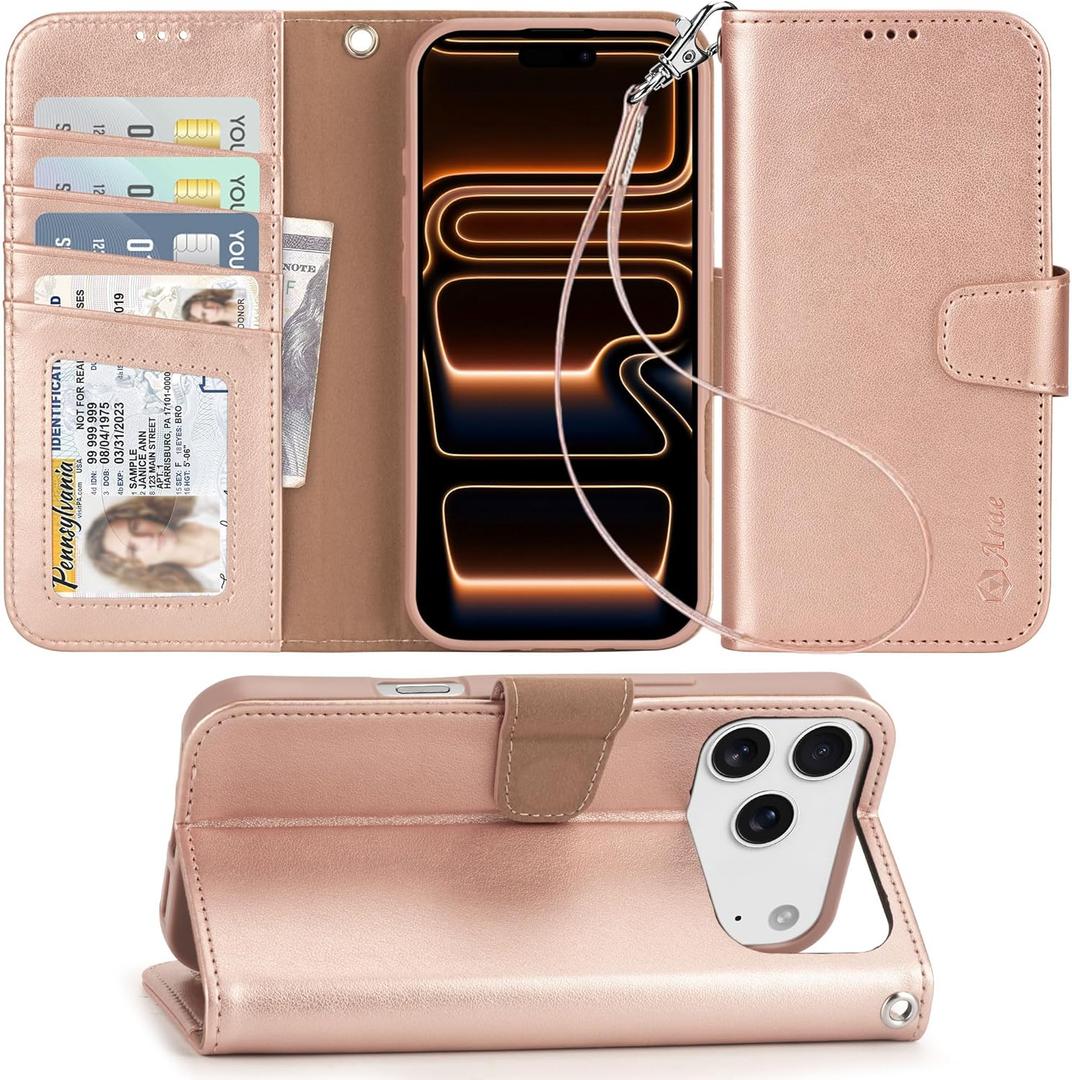 Arae Compatible with iPhone 17 Pro Max Case Wallet with Card Holder, Wristlet Strap Wallet Flip Cover for iPhone 17 Pro Max 6.9 inch Men/Women, RFID Blocking, Kickstand, Rose Gold