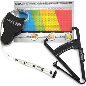 MEDca Body Fat Caliper and Measuring Tape for Body - Skinfold Calipers and Body Fat Tape Measure Tool for Accurately Measuring BMI Skin Fold Fitness and Weight-Loss, (Black)