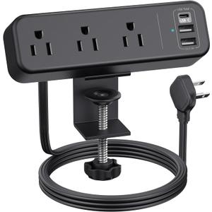 3 Outlet Desk Clamp Power Strip with USB C, Black Flat Plug Desktop Edge Clamp Power Socket Connect 6.5 ft Thin Extension Cord for 1.6 inch Tables