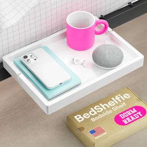 BedShelfie Bedside Shelf for Bunk Bed & Top Bunk, College Dorm Room Essentials, Loft Nightstand, Floating Bed Side Table Tray Storage, Dorm Room Decor by Smallish - (Flexfit Model, White) (FlexFit (13.75 x 9.5 inches))