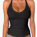 Danysu V Neck Racer Back Tank Top for Women Padded Ribbed Long Tank Fitted Basic Cami Tops, (Black, Small)