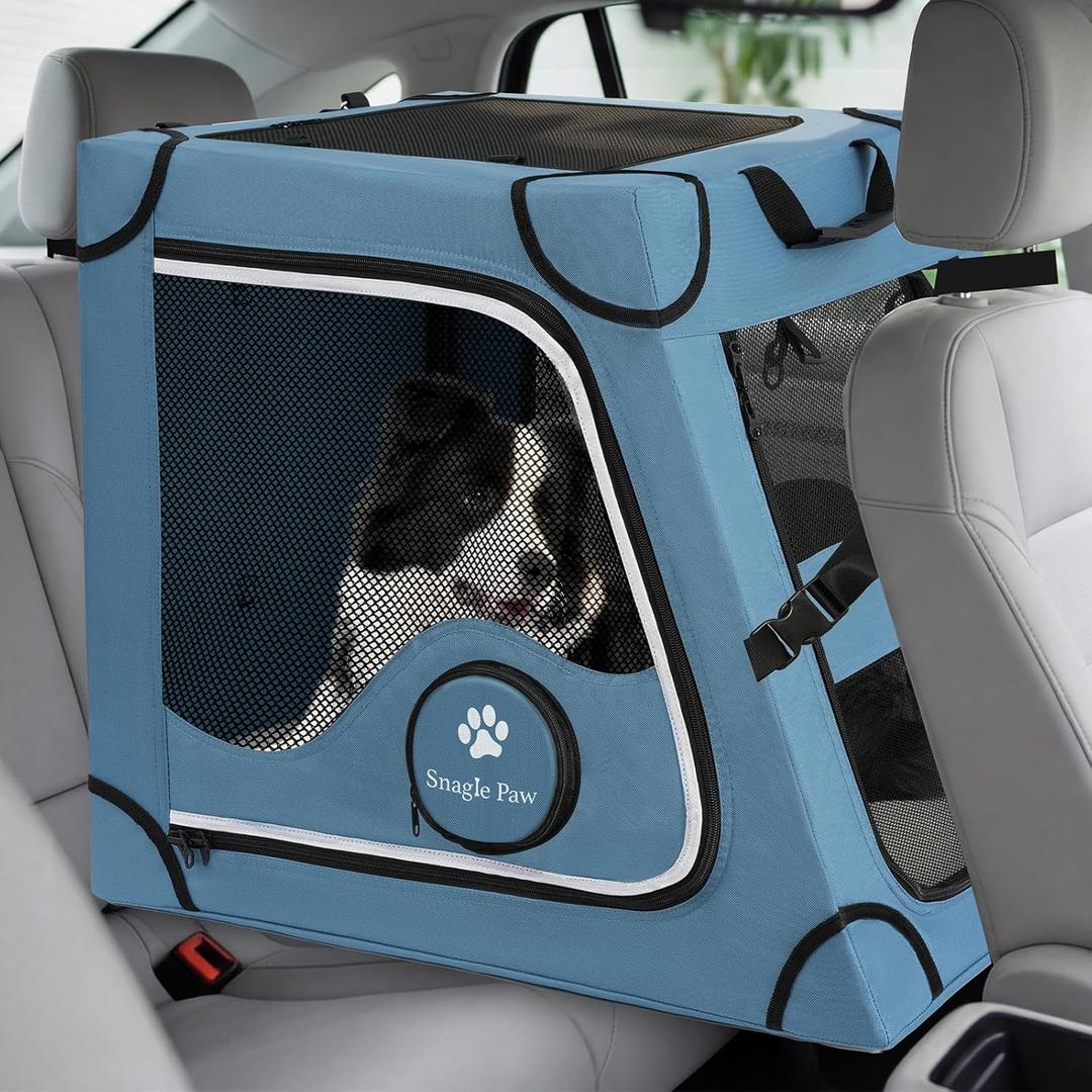 Snagle Paw Portable Dog Crate for Car Travel,Metal Frame Pet Crate,Pet Carrier for Car Back Seat Secures with Headrest Strap and Seatbelt,L