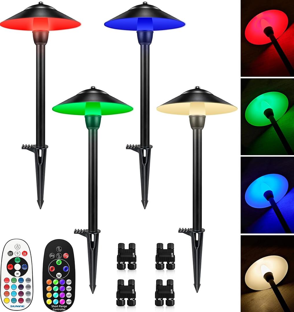 SUNVIE RGBW Low Voltage Pathway Lights 3W Color Changing Landscape Lights 12-24V Multi-Color Path Lights Waterproof for Yard Garden Walkway Holiday Landscape Path Lighting ETL Listed Cord, 4 Pack