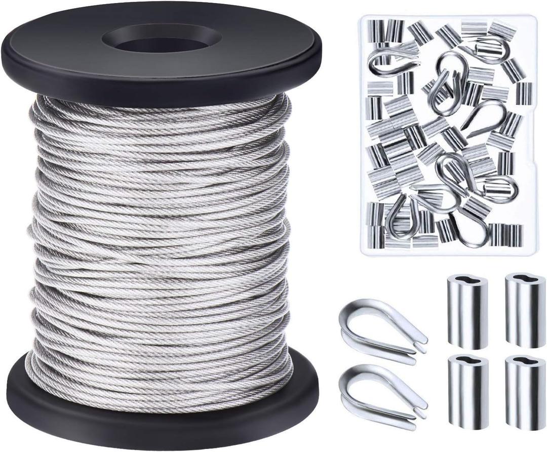 Canomo 1/16 inch x 98 Feet (1.5mm x 30m) Vinyl Coated Stainless Steel Picture Hanging Wire Rope Cable with 50 Pieces Aluminum Crimping Sleeves, 10 Pieces Thimble and 50 Pieces D-Ring Hangers