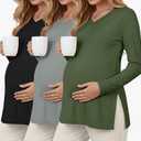 3 Pack Women's Thermal Maternity Shirts Fleece Lined Long Sleeve Tops Split Side V Neck Pregnancy Clothes Large Color: Army Green, Light Gray, Black, L
