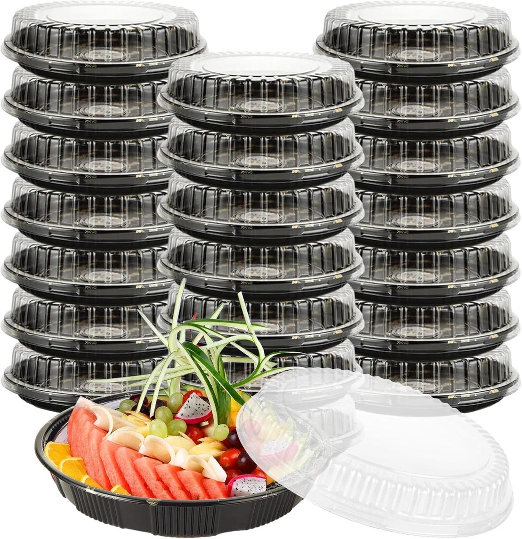 20PCS 12 Inch Serving Tray with Lids, Round Catering Trays with Lids with Gold Leaf Design, Disposable Plastic Party Platters for Sandwich, Fruit and Deli, 2.75" Deep Base