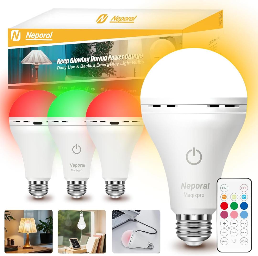 Neporal Rechargeable Light Bulbs, Back Up Battery Light Bulbs, 15W 80W Equivalent 5000K 1200mAh Battery Operated Light Bulb, Emergency Lights for Home Power Failure, Pack of 4 (9 Colors 4PK)