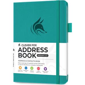 Clever Fox Address Book with alphabetic tabs - PU Leather Telephone and Address Book for Keeping Contacts Safe, Contact Organizer Journal, Medium Size (5.3 x 7.7) Hardcover, Turquoise